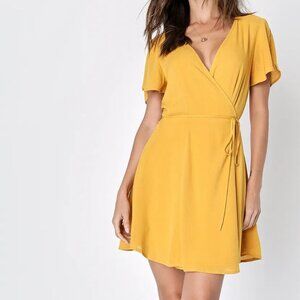Lulu's Mustard Yellow Flutter-Sleeve Mini Wrap Dress, Size Small